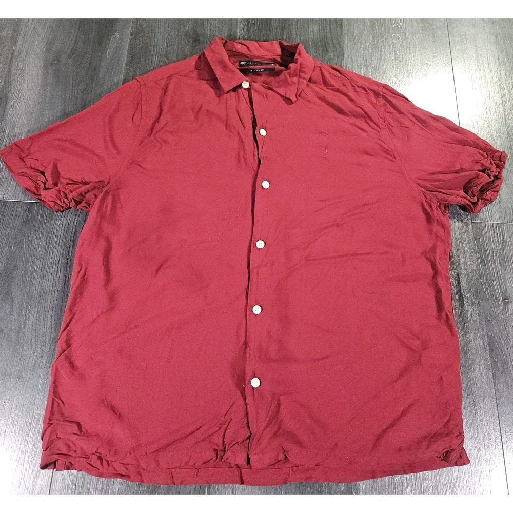 All Saints Venice‎ SS Shirt Men XL Maroon Relaxed Stretch Viscose Loop Collar